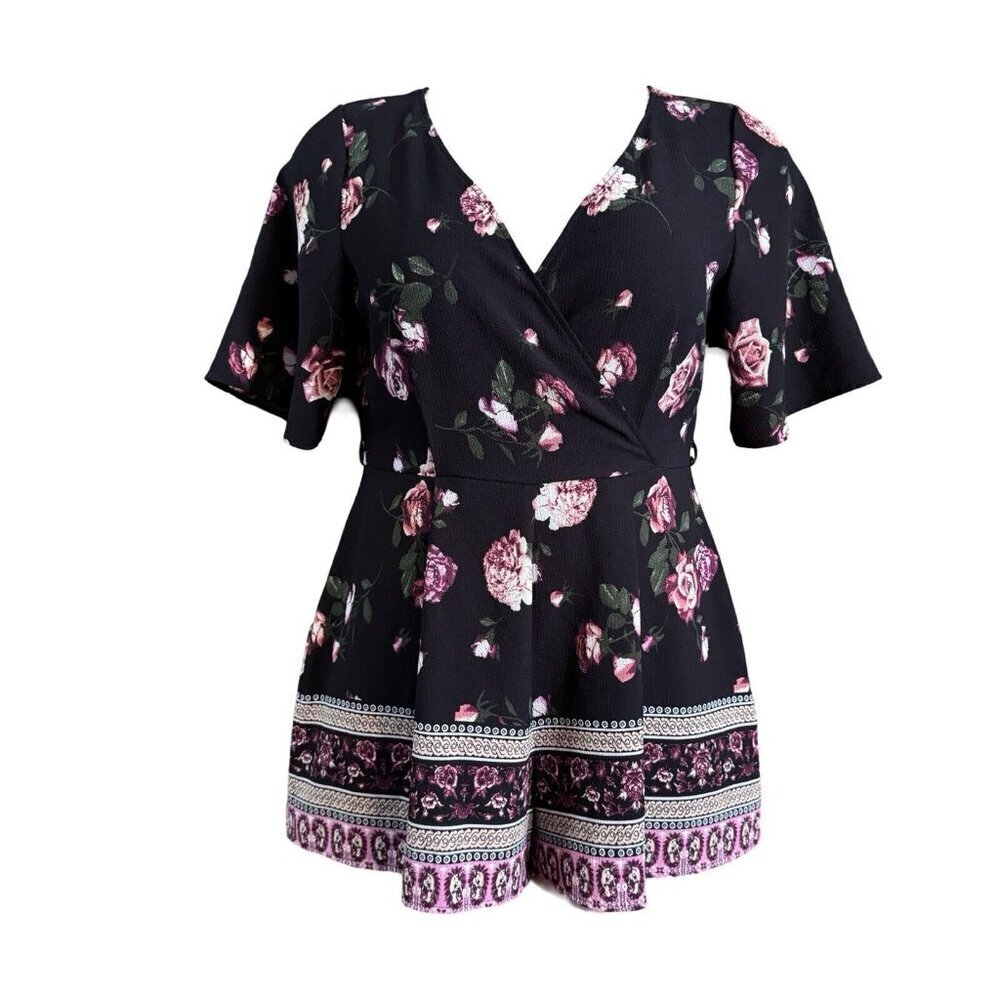 TRIXXI Black Floral Boho Romper Women Large Open Back Crossover V-Neck Night Out